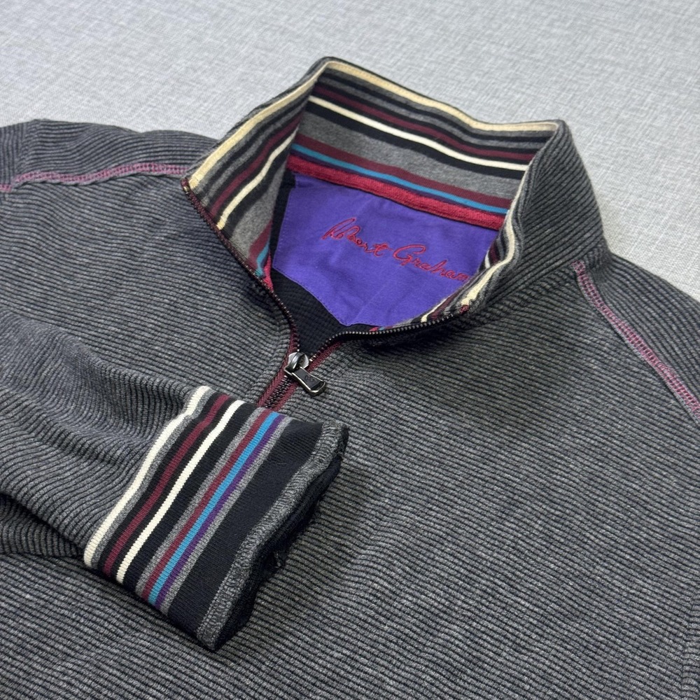 Robert Graham 1/4 Zip Sweater Flip Cuffs Pullover Mens L Gray Striped Mock Neck